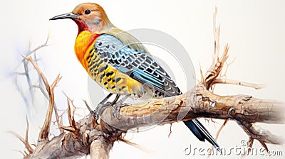 Unique Northern Flicker Watercolor Painting With Iridescent Yellow Shining Stock Photo