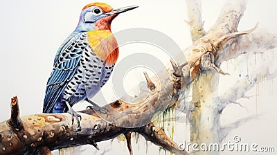 Unique Northern Flicker Watercolor Painting With Iridescent Yellow Shining Stock Photo