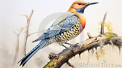 Unique Northern Flicker Watercolor Painting With Iridescent Yellow Shinning Stock Photo