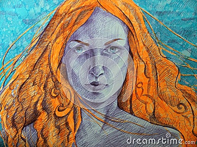 A unique painting. Close portrait of a girl with red hair Stock Photo