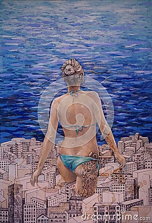 A unique painting, a girl with tattoos coming out of the city to a meeting with the sea Stock Photo