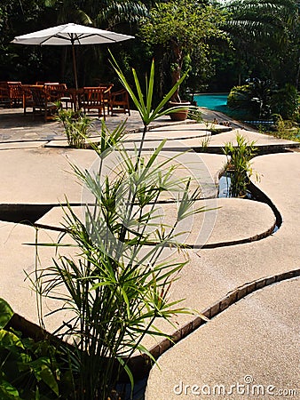 Unique patio design, stone slabs over water Stock Photo