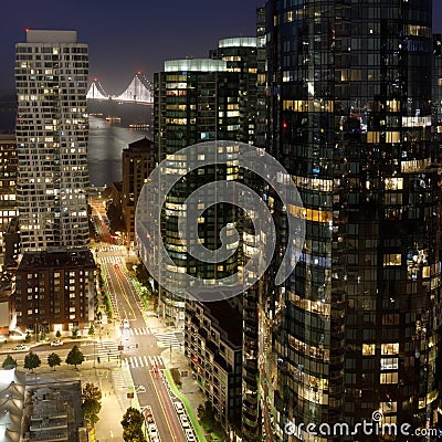 Unique perspective of San Francisco-Oakland Bay Bridge via the Financial District Stock Photo