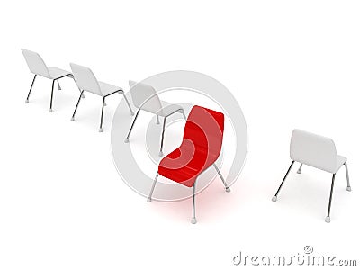 Unique red chair in row of white others Stock Photo