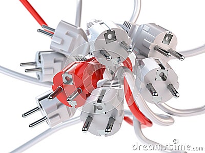 Unique red electric plug in the heap of a white plugs. Leadership, competition, unique and unicity concept Cartoon Illustration