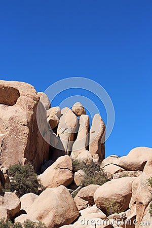 Unique rock formation with mesquite trees growing in the rocks on the Hidden Valley Picnic Area Trail in California Stock Photo