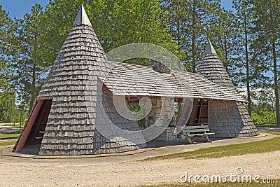 Unique Rustic Teepee Themed Picnic Rest Area Stock Photo