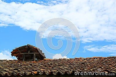 Unique Rustic Tiled Roof Against Blue Sky in Chachapoyas, Amazonas Region, Peru, South America Stock Photo