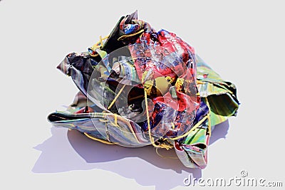 Unique sculpture made with the skin of an acrylic abstract painting cut ut and stitched together. Stock Photo