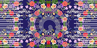 Unique seamless floral striped pattern with exotic plants and leaves on dark blue background in vector. Hibiscus, nasturtium, flax Vector Illustration