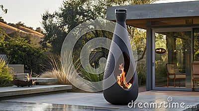 The unique shape of the chiminea makes it a standout piece in the modern outdoor landscape. 2d flat cartoon Stock Photo
