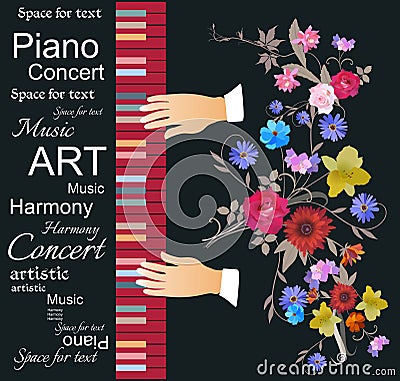 Unique template of musical banner for concert of classical music with musician hands playing on grand piano Vector Illustration