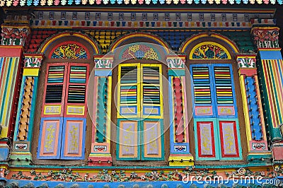 Unique traditional colorful windows in Little India, Singapore Stock Photo