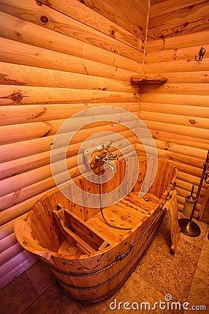 Unique traditional wooden bathroom Stock Photo