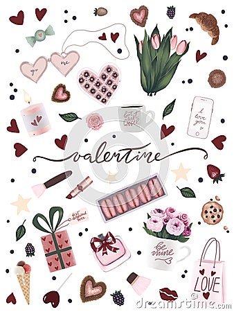 Unique valentine`s day poster with valentine hand drawn art, flower, coffee cup, heart, star, chocolate candy, cookie, ice cream. Stock Photo