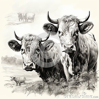 Unique Vintage Engraved Cows: An Eye-Catching Conversation Piece Stock Photo