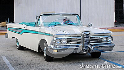 Unique white and blue old classic car in the streets of Miami beach Stock Photo