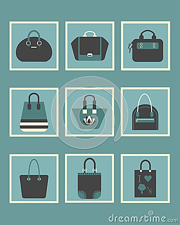 Unique women blue purse square icons set Vector Illustration