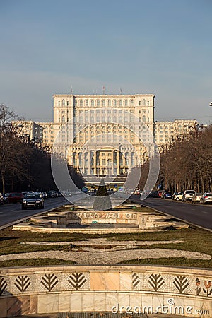 Unirii Boulevard leading to Parliament, Bucharest Stock Photo