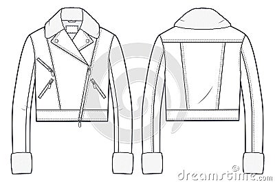 Unisex Biker Jacket with Faux Fur technical fashion illustration. Vector Illustration