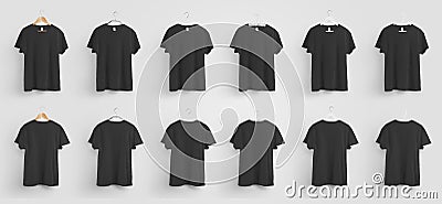 Unisex black t-shirt template hanging on different hangers, front and back view, blank clothes for design presentation and Stock Photo