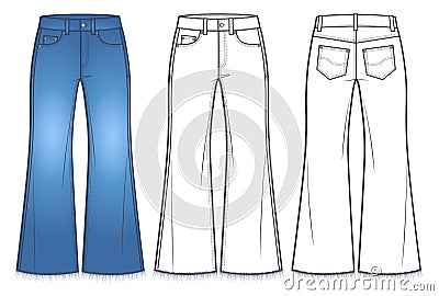 Unisex flared bottom Jeans Pants technical fashion illustration, blue design. Vector Illustration