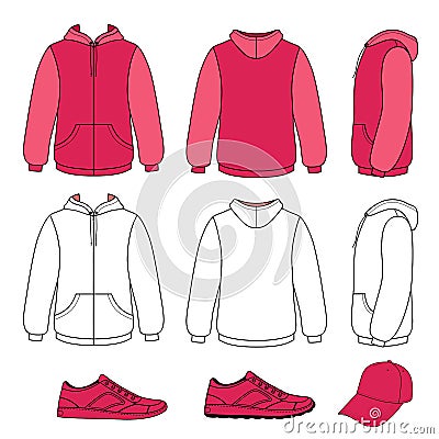 Unisex hoodie, cap, sneakers set Vector Illustration