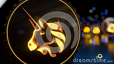 Uniswap cryptocurrency exchange protocol symbol. Neon unicorn sign. 3d render Cartoon Illustration