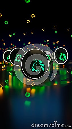 Uniswap cryptocurrency symbol. Neon unicorn sign. 3d render Vertical composition Cartoon Illustration