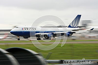 United Airlines Boeing 747 in motion on runway. Editorial Stock Photo