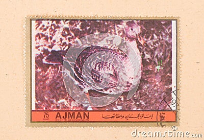 A stamp printed in the United Arab Emirates shows a bird, circa 1972 Editorial Stock Photo