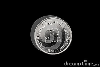 United Arab Emirates Twenty Five Fils Coin Isolated On Black Stock Photo