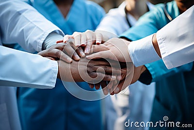 United and diverse multiethnic medical team joining hands in solidarity and cooperation Stock Photo