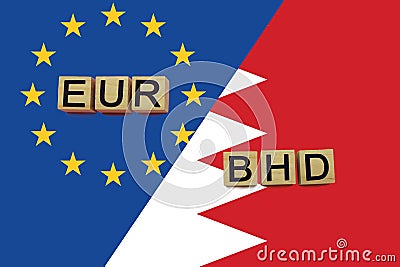 United Europe and Bahrain currencies codes on national flags background Stock Photo
