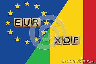 United Europe and Mali currencies codes on national flags background Stock Photo