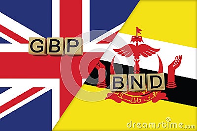 United Kingdom and Brunei currencies codes on national flags background Stock Photo