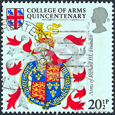 UNITED KINGDOM - CIRCA 1984: A stamp printed in United Kingdom shows Arms of King Richard III founder, circa 1984. Editorial Stock Photo