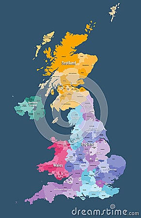 United Kingdom high detailed vector map with administrative divisions borders Vector Illustration