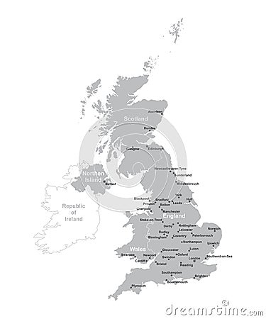 UNITED KINGDOM MAP with big cities, UK MAP with borders on grey background Vector Illustration