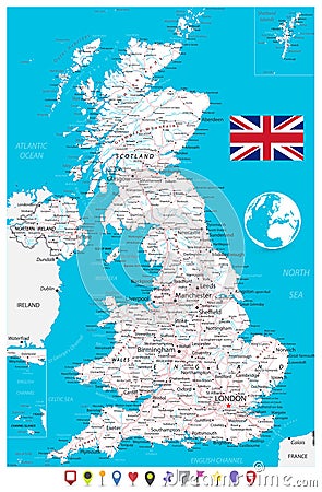 United Kingdom Map and Flat Map Pointers Vector Illustration