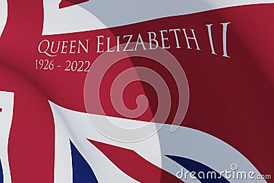 UNITED KINGDOM, SEPTEMBER - 8, 2022: The flag with text Queen Elizabeth II and year of death. 3d rendering. Editorial Stock Photo