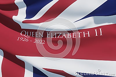 UNITED KINGDOM, SEPTEMBER - 8, 2022: The flag with text Queen Elizabeth II and year of death. 3d rendering. Editorial Stock Photo