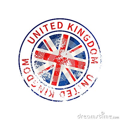 United Kingdom sign, vintage grunge imprint with flag on white Vector Illustration