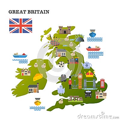 United Kingdom travel map with landmark icons vector illustration Vector Illustration