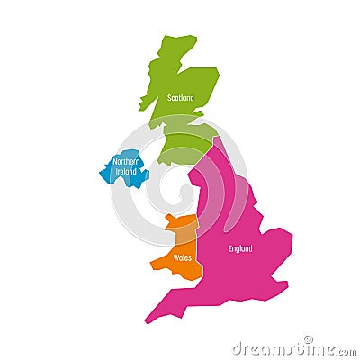 United Kingdom, UK, of Great Britain and Northern Ireland map. Divided to four countries - England, Wales, Scotland and Vector Illustration