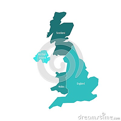 United Kingdom, UK, of Great Britain and Northern Ireland map. Divided to four countries - England, Wales, Scotland and Vector Illustration