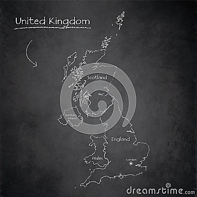 United Kongdom map, separates regions and names, design card blackboard, chalkboard Vector Illustration