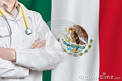 United Mexican States healthcare concept with doctor on flag background. Medical insurance, work or study in the country Stock Photo