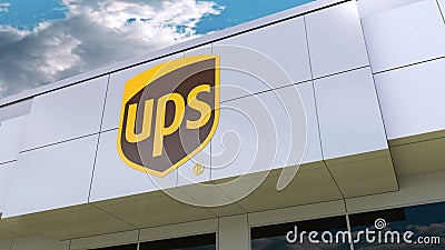 United Parcel Service UPS logo on the modern building facade. Editorial 3D rendering Editorial Stock Photo