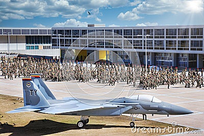 United States Air Force Academy Cadets on the March with Jet and Dorms Editorial Stock Photo